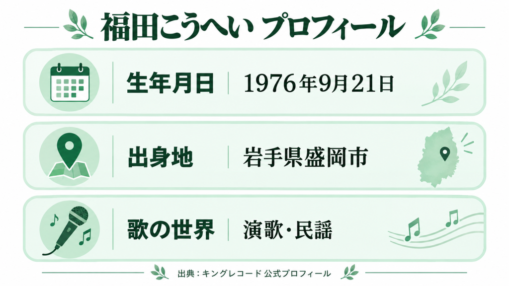 福田こうへいのプロフィール図解。1976年9月21日生まれ、岩手県盛岡市出身、演歌・民謡歌手。